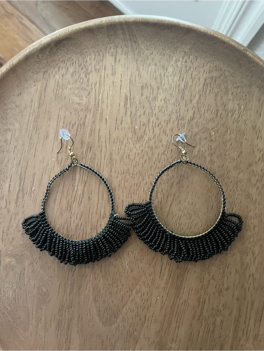 Fringed Black Beaded Hoop Earrings - Picture 3 of 3